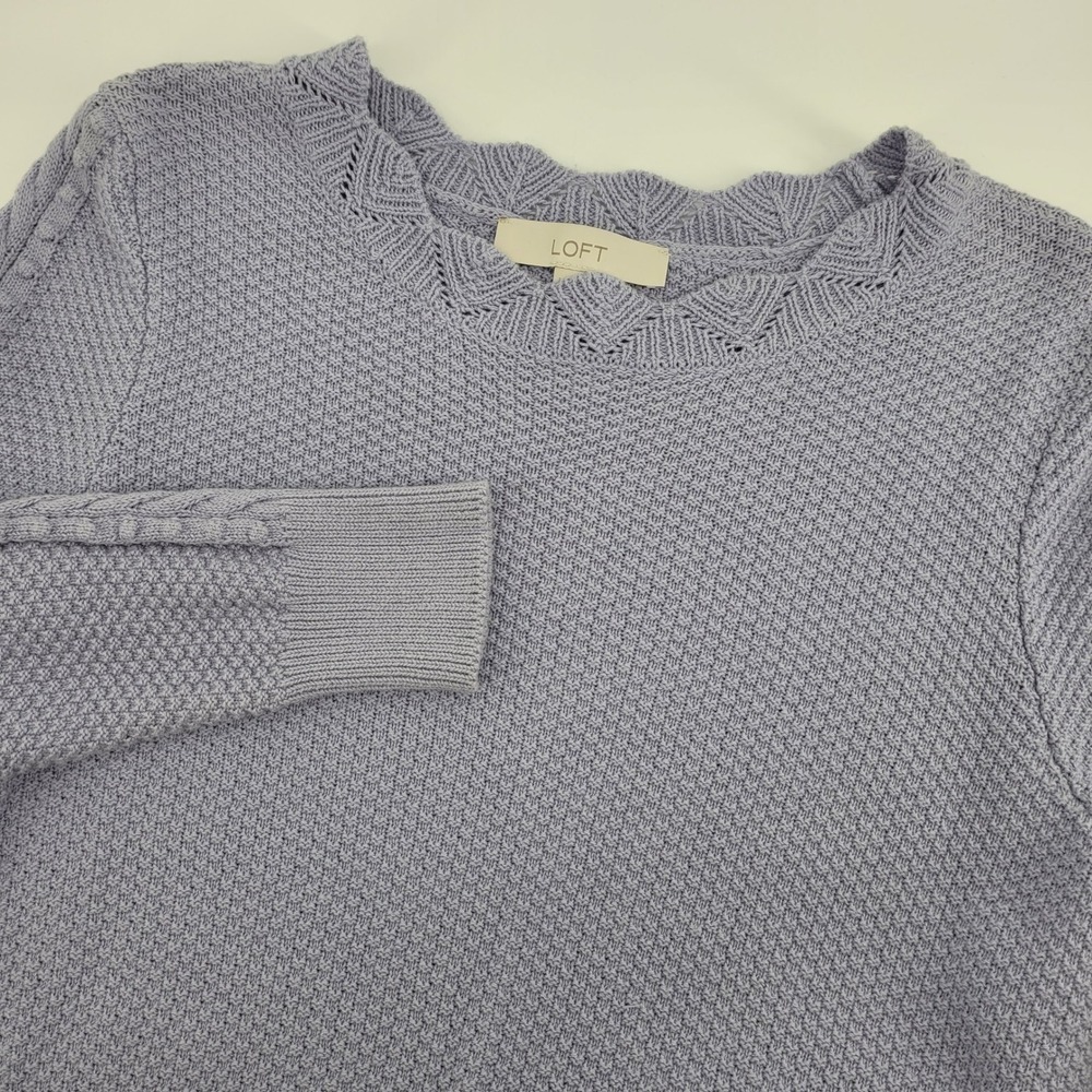 Loft Womens‎ M Cottagecore Preppy Lavender Scalloped Cable Sleeve Cotton Sweater